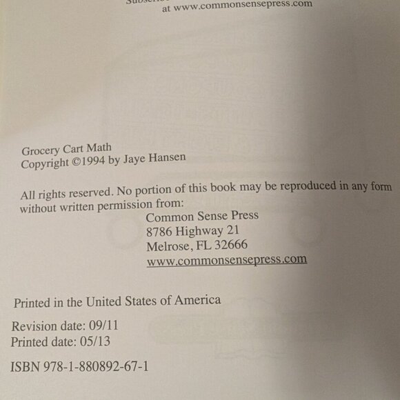 Grocery Cart Math by Jaye Hansen Consumer Math Common Sense Press Homeschool NEW - Picture 4 of 4